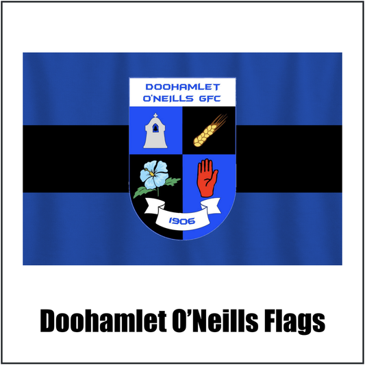 Doohamlet O’Neills Flags, featuring the club crest and blue and black colours; County Monaghan GAA. ClubFlags.ie.