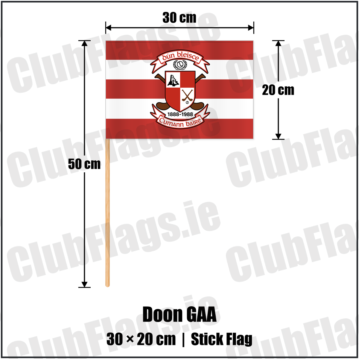 Doon GAA 20cm x 30cm Stick Flag featuring the supplied Dún Bleisce crest, original Irish lettering and red and white hoops; County Limerick GAA. ClubFlags.ie.