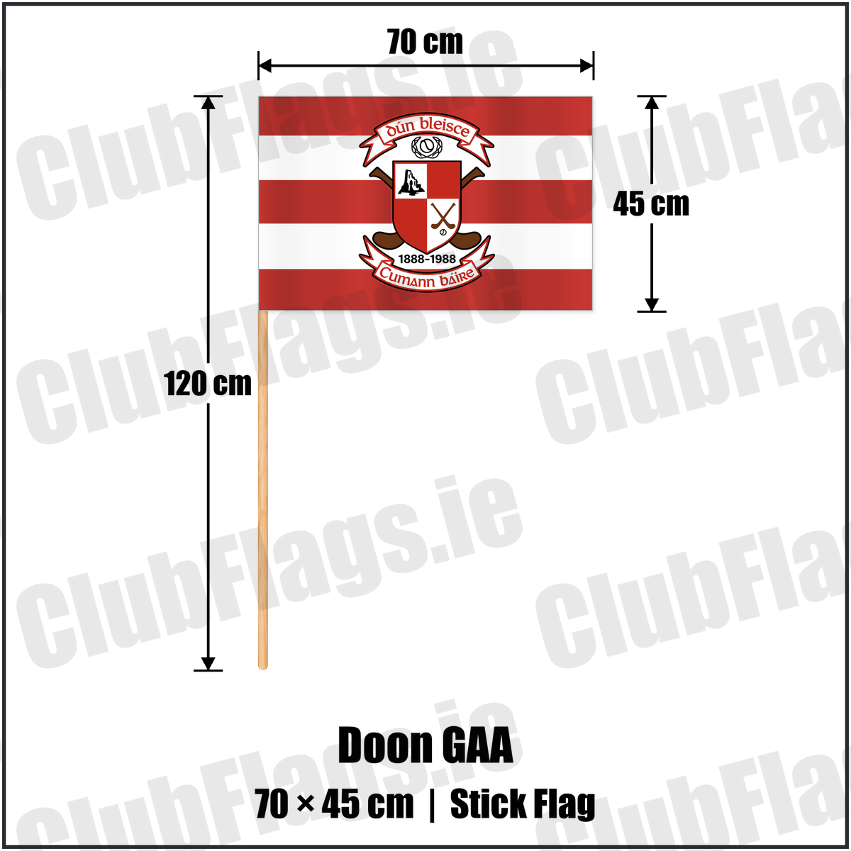 Doon GAA 45cm x 70cm Stick Flag featuring the supplied Dún Bleisce crest, original Irish lettering and red and white hoops; County Limerick GAA. ClubFlags.ie.