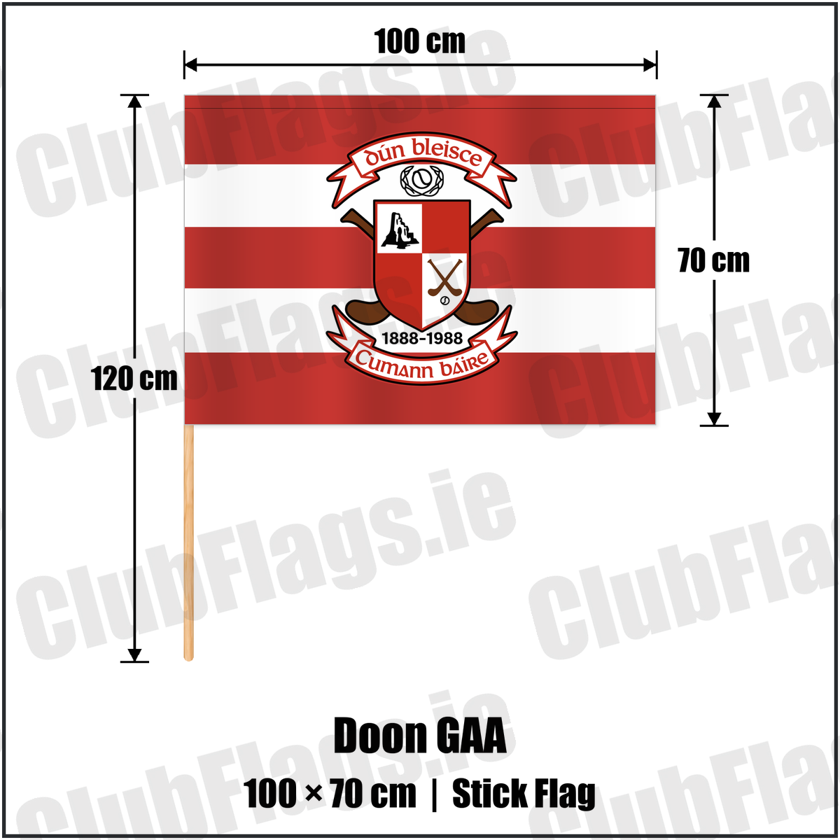 Doon GAA 70cm x 100cm Stick Flag featuring the supplied Dún Bleisce crest, original Irish lettering and red and white hoops; County Limerick GAA. ClubFlags.ie.