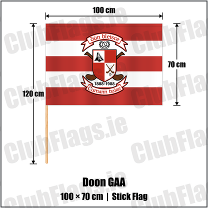 Doon GAA 70cm x 100cm Stick Flag featuring the supplied Dún Bleisce crest, original Irish lettering and red and white hoops; County Limerick GAA. ClubFlags.ie.