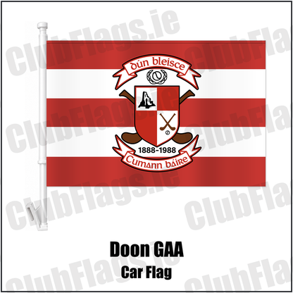 Doon GAA Car Flag featuring the supplied Dún Bleisce crest, original Irish lettering and red and white hoops; County Limerick GAA. ClubFlags.ie.