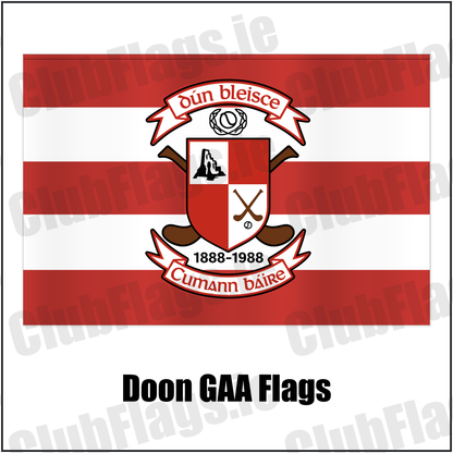 Doon GAA Flags featuring the supplied Dún Bleisce crest, original Irish lettering and red and white hoops; County Limerick GAA. ClubFlags.ie.