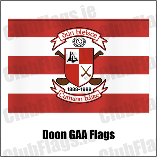 Doon GAA Flags featuring the supplied Dún Bleisce crest, original Irish lettering and red and white hoops; County Limerick GAA. ClubFlags.ie.