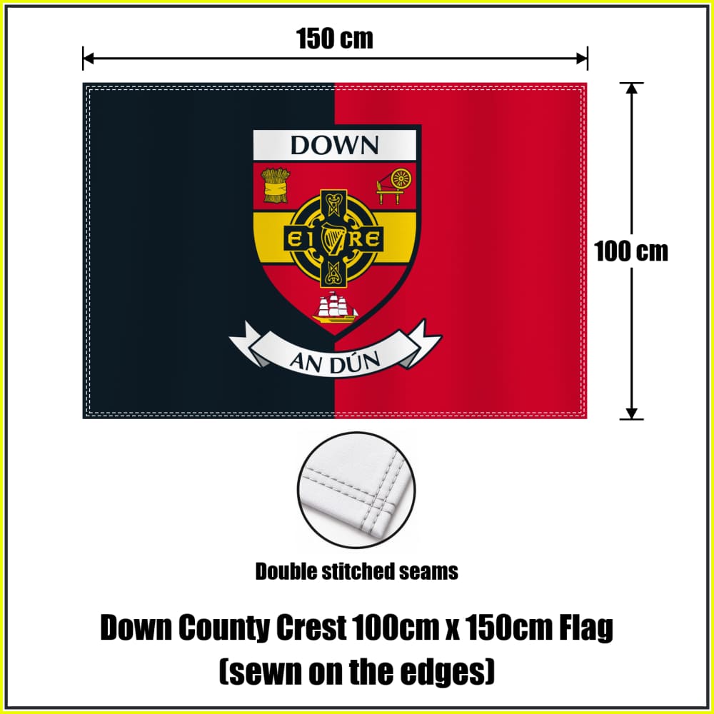 Down county crest 100 × 150 cm sewn-edge flag in black and red, with dimension arrows and a double-stitch seam close-up.