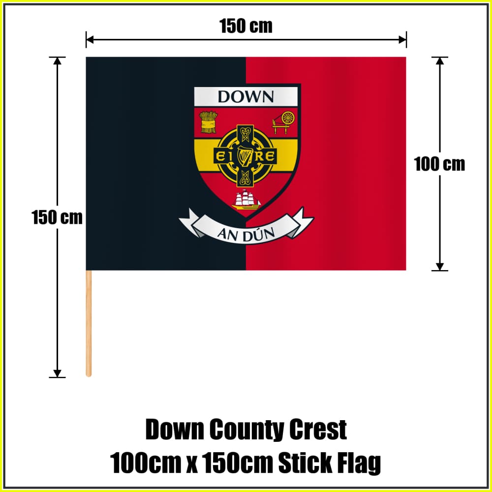 Down county crest 100 × 150 cm stick flag in black and red, with a 150 cm wooden stick and dimension arrows.