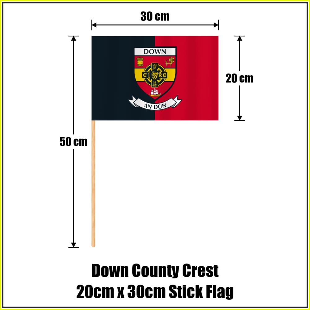 Down county crest 20 × 30 cm stick flag in black and red, with a 50 cm wooden stick and dimension arrows.