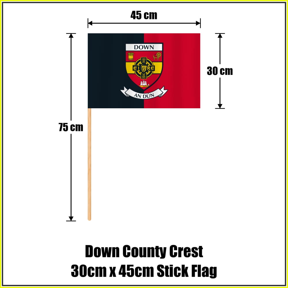 Down county crest 30 × 45 cm stick flag in black and red, with a 75 cm wooden stick and dimension arrows.