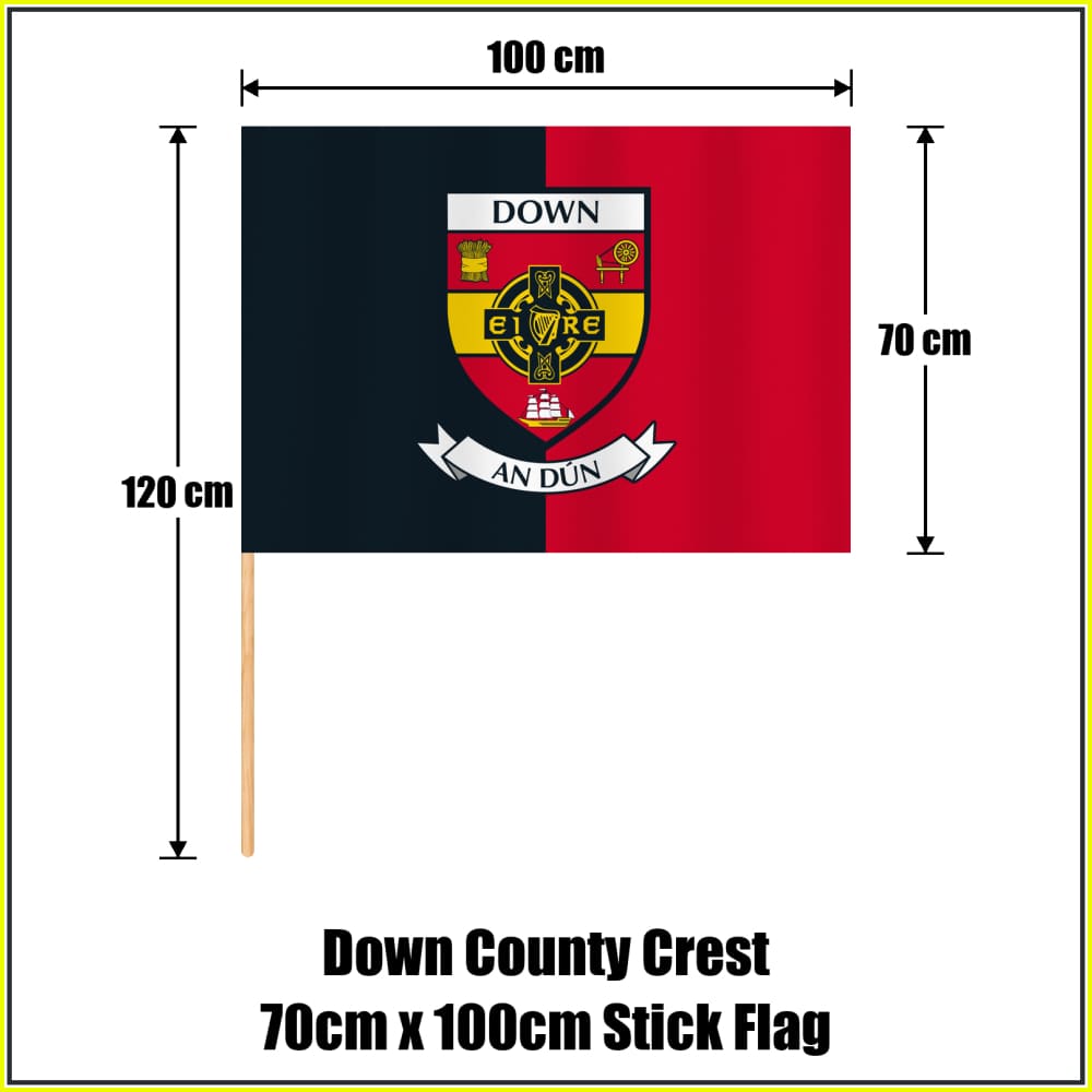 Down county crest 70 × 100 cm stick flag in black and red, with a 120 cm wooden stick and dimension arrows.