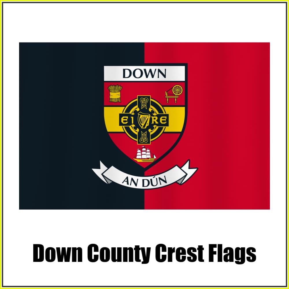 Down county crest flag in black and red, with county name and crest.