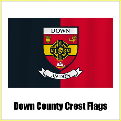 Down county crest flag in black and red, with county name and crest.