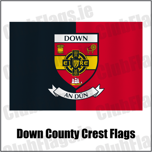 Down county crest flag in black and red, with county name and crest.