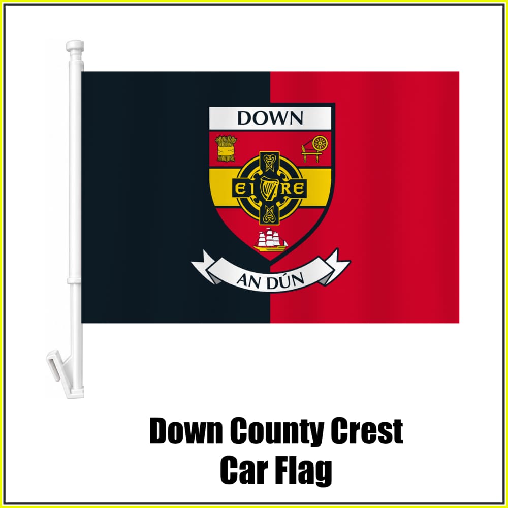 Down county crest car flag in black and red, on a white plastic window mount.