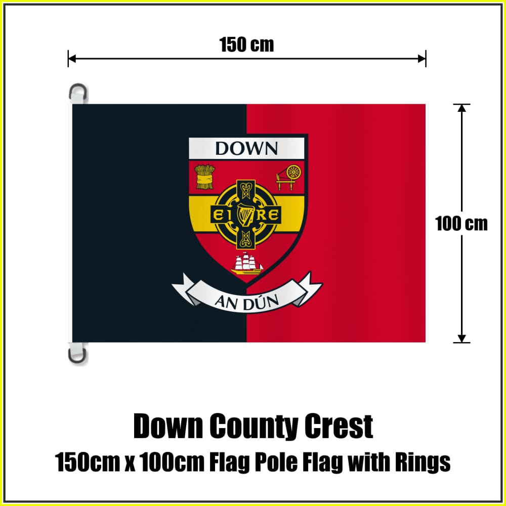 Down county crest flag, 150 cm wide × 100 cm high, in black and red, with two dark attachment rings on white tabs and no pole.