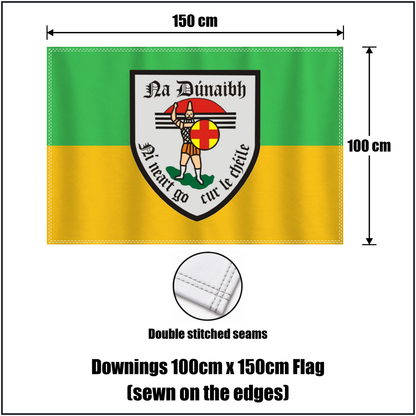 Downings 100cm x 150cm Flag (sewn on the edges), featuring the club crest and green and gold colours; County Donegal GAA. ClubFlags.ie.