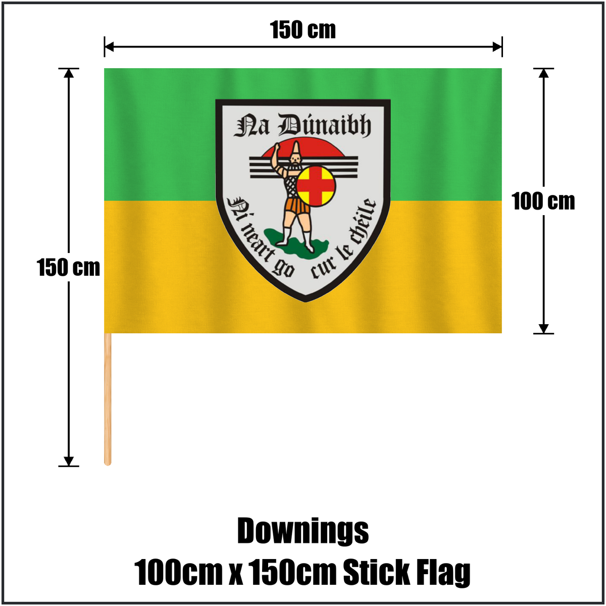 Downings 100cm x 150cm Stick Flag, featuring the club crest and green and gold colours; County Donegal GAA. ClubFlags.ie.