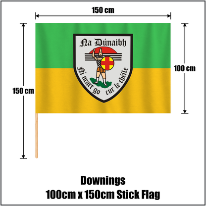 Downings 100cm x 150cm Stick Flag, featuring the club crest and green and gold colours; County Donegal GAA. ClubFlags.ie.