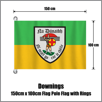Downings 150cm x 100cm Flag Pole Flag with Rings, featuring the club crest and green and gold colours; County Donegal GAA. ClubFlags.ie.