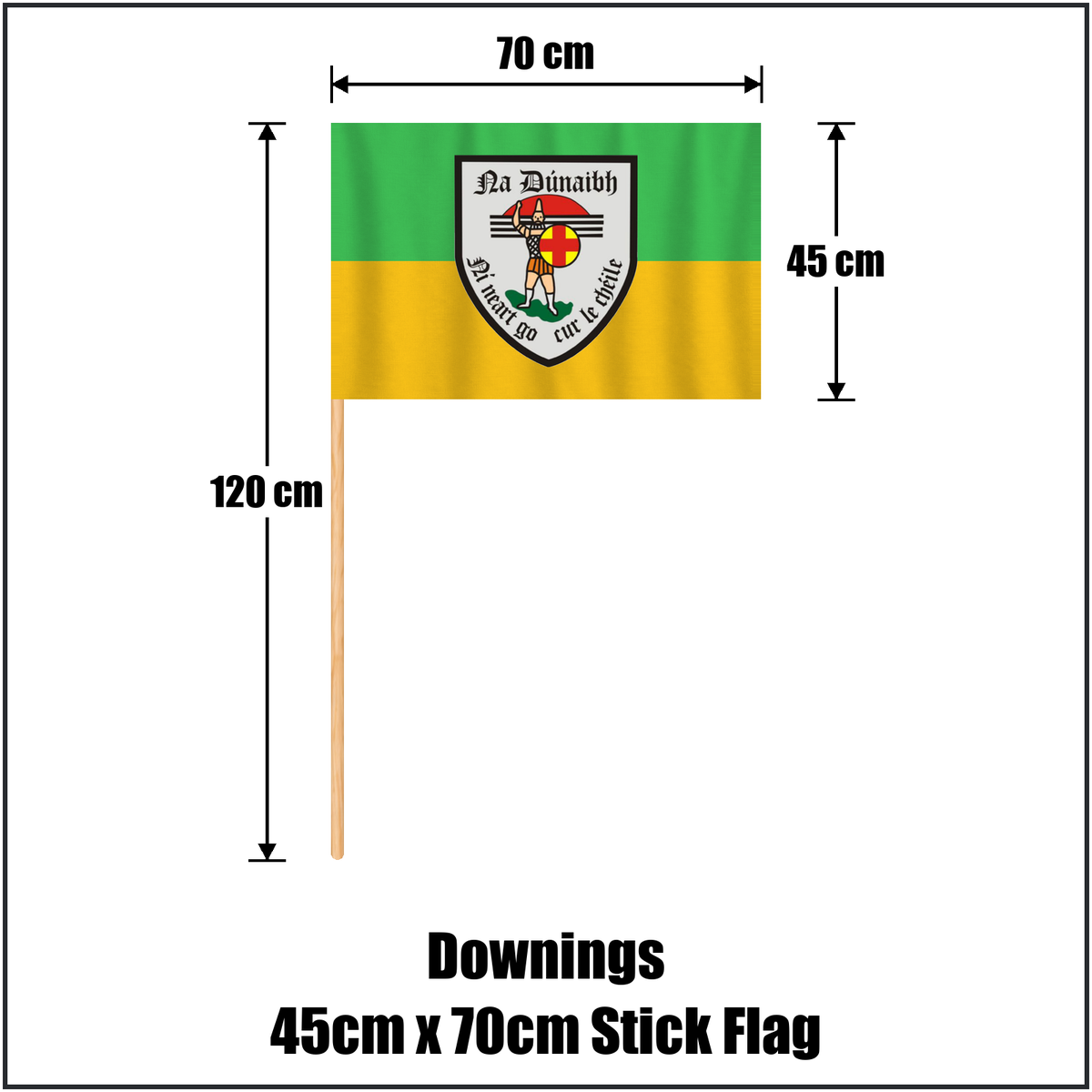 Downings 45cm x 70cm Stick Flag, featuring the club crest and green and gold colours; County Donegal GAA. ClubFlags.ie.