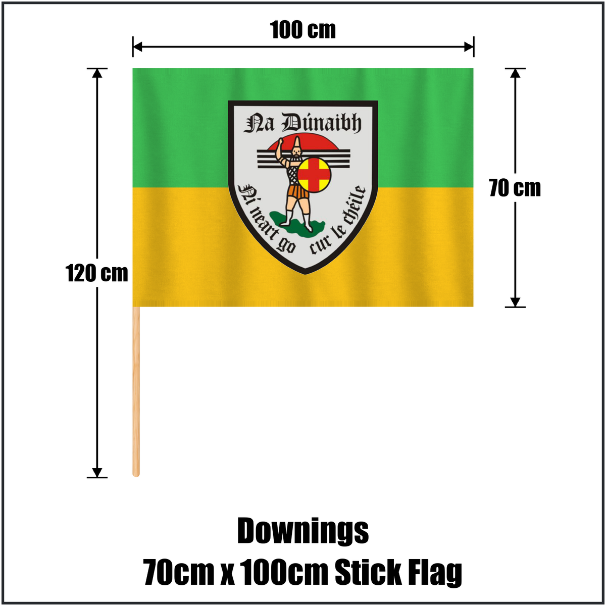 Downings 70cm x 100cm Stick Flag, featuring the club crest and green and gold colours; County Donegal GAA. ClubFlags.ie.