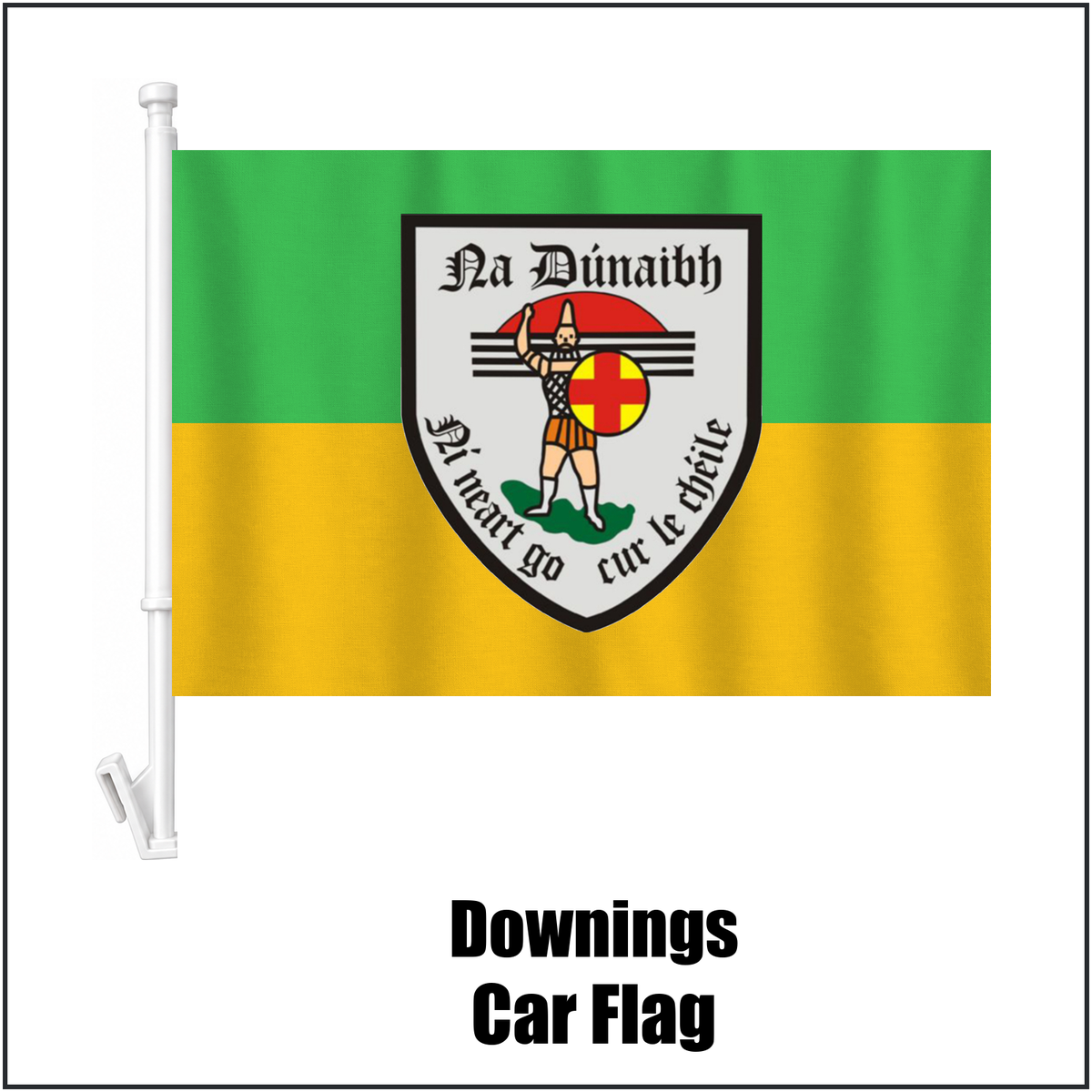 Downings Car Flag, featuring the club crest and green and gold colours; County Donegal GAA. ClubFlags.ie.
