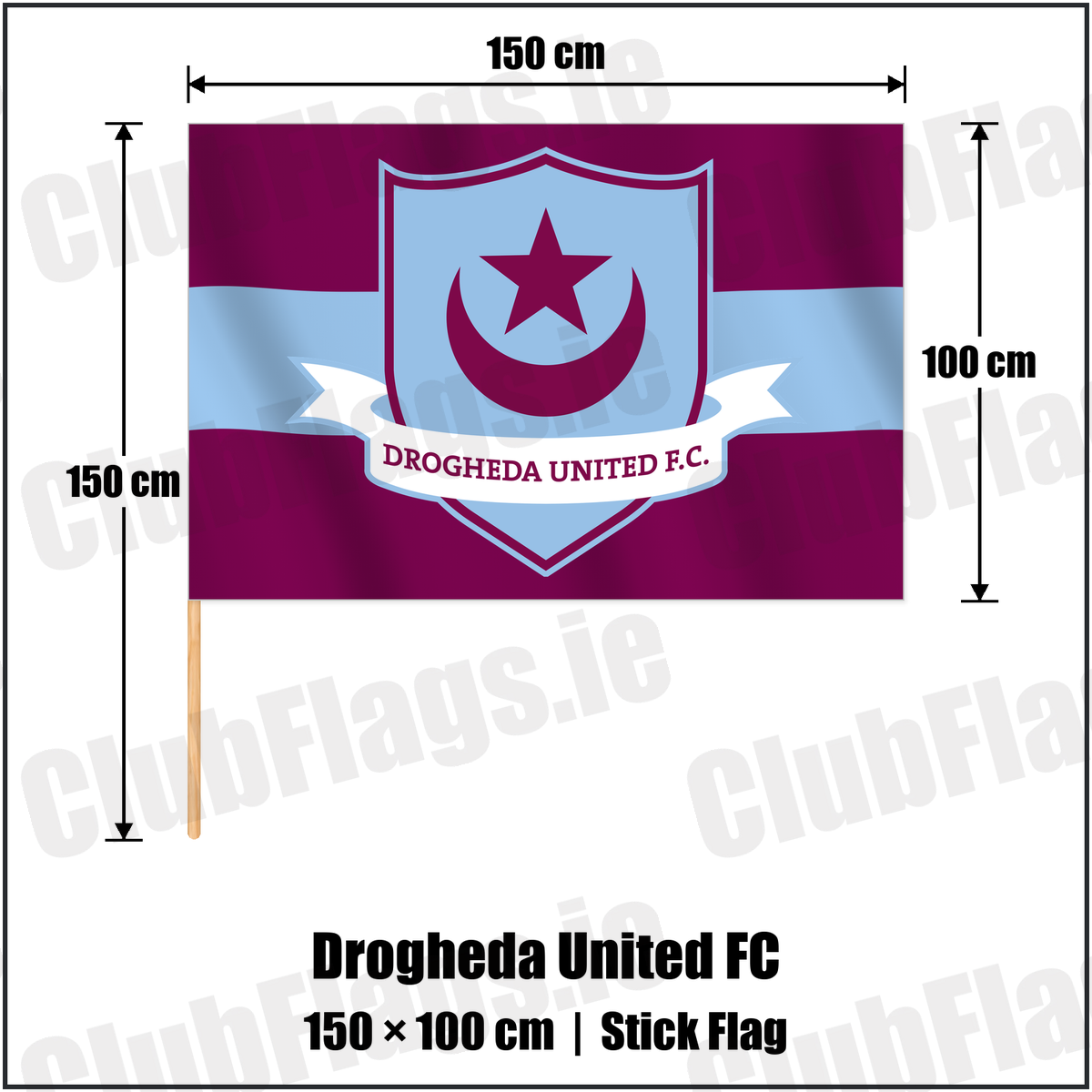 Drogheda United FC 100cm x 150cm Stick Flag with the club crest and colours, Louth Football - ClubFlags.ie