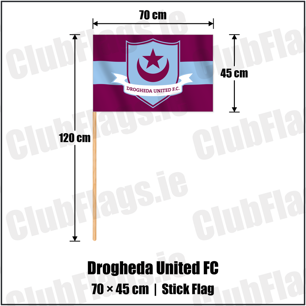 Drogheda United FC 45cm x 70cm Stick Flag with the club crest and colours, Louth Football - ClubFlags.ie