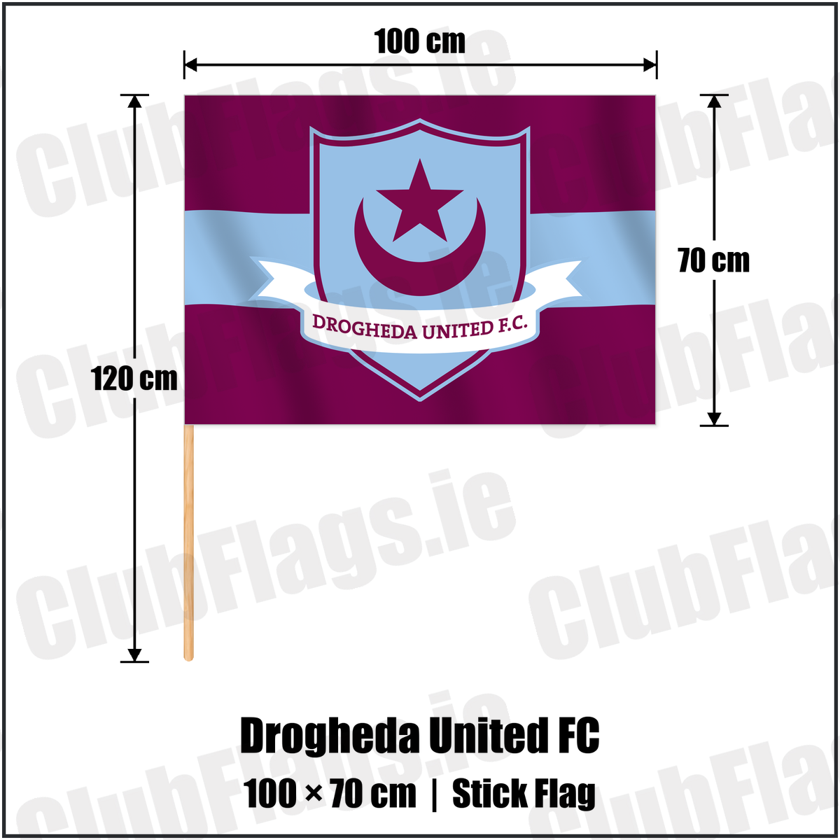 Drogheda United FC 70cm x 100cm Stick Flag with the club crest and colours, Louth Football - ClubFlags.ie