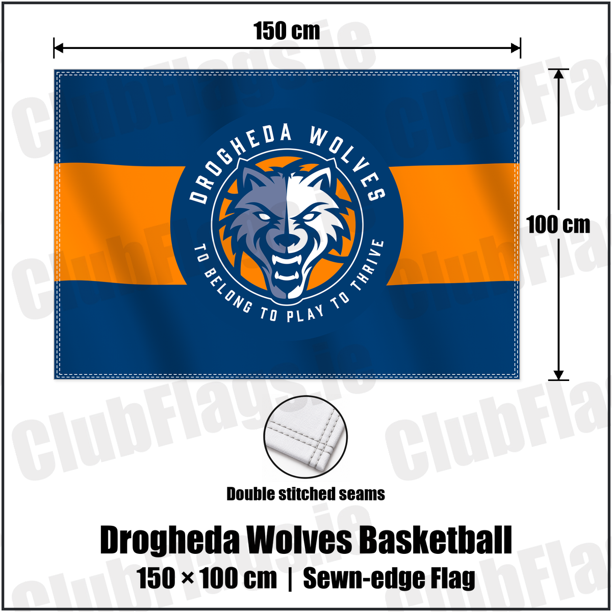 Drogheda Wolves Basketball 100cm x 150cm Flag (sewn on the edges) with the verified club crest and colours, Louth Basketball - ClubFlags.ie