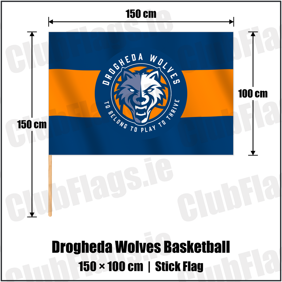 Drogheda Wolves Basketball 100cm x 150cm Stick Flag with the verified club crest and colours, Louth Basketball - ClubFlags.ie