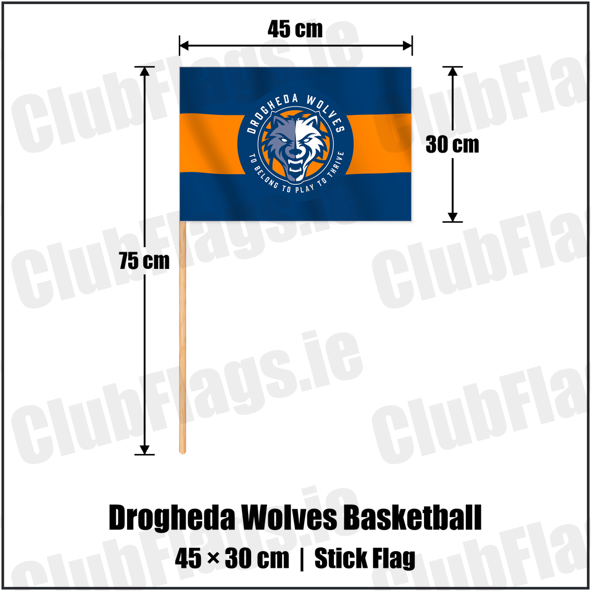Drogheda Wolves Basketball 30cm x 45cm Stick Flag with the verified club crest and colours, Louth Basketball - ClubFlags.ie