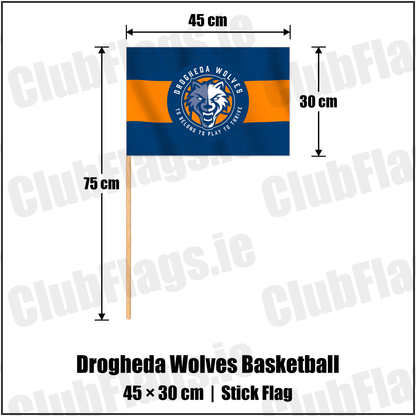 Drogheda Wolves Basketball 30cm x 45cm Stick Flag with the verified club crest and colours, Louth Basketball - ClubFlags.ie