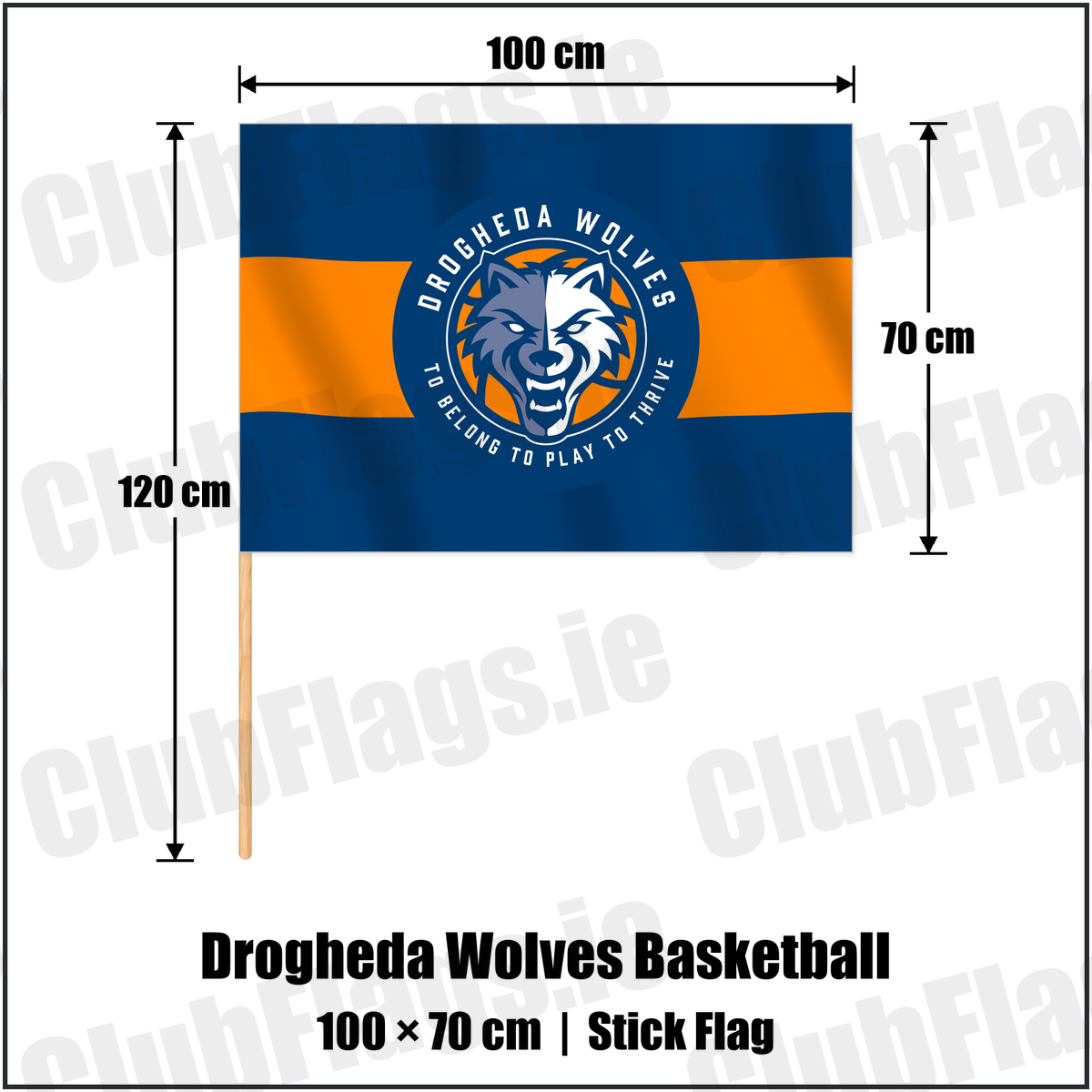 Drogheda Wolves Basketball 70cm x 100cm Stick Flag with the verified club crest and colours, Louth Basketball - ClubFlags.ie