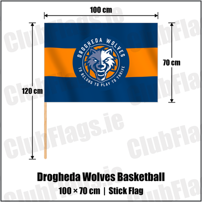 Drogheda Wolves Basketball 70cm x 100cm Stick Flag with the verified club crest and colours, Louth Basketball - ClubFlags.ie