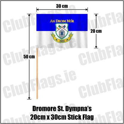 Dromore St. Dympna’s 20cm x 30cm Stick Flag in royal blue and white, featuring the club crest on realistic fabric with gentle vertical folds; County Tyrone GAA. ClubFlags.ie.