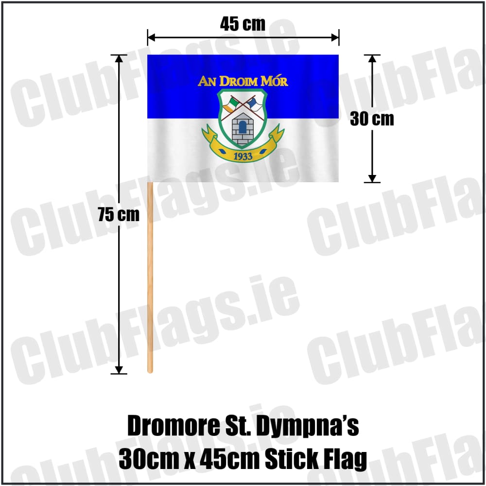 Dromore St. Dympna’s 30cm x 45cm Stick Flag in royal blue and white, featuring the club crest on realistic fabric with gentle vertical folds; County Tyrone GAA. ClubFlags.ie.