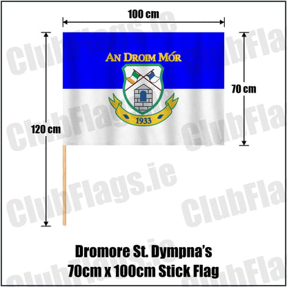 Dromore St. Dympna’s 70cm x 100cm Stick Flag in royal blue and white, featuring the club crest on realistic fabric with gentle vertical folds; County Tyrone GAA. ClubFlags.ie.