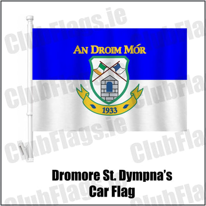 Dromore St. Dympna’s Car Flag in royal blue and white, featuring the club crest on realistic fabric with gentle vertical folds; County Tyrone GAA. ClubFlags.ie.