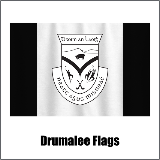 Drumalee Flags, featuring the club crest and white and black colours; County Cavan GAA. ClubFlags.ie.