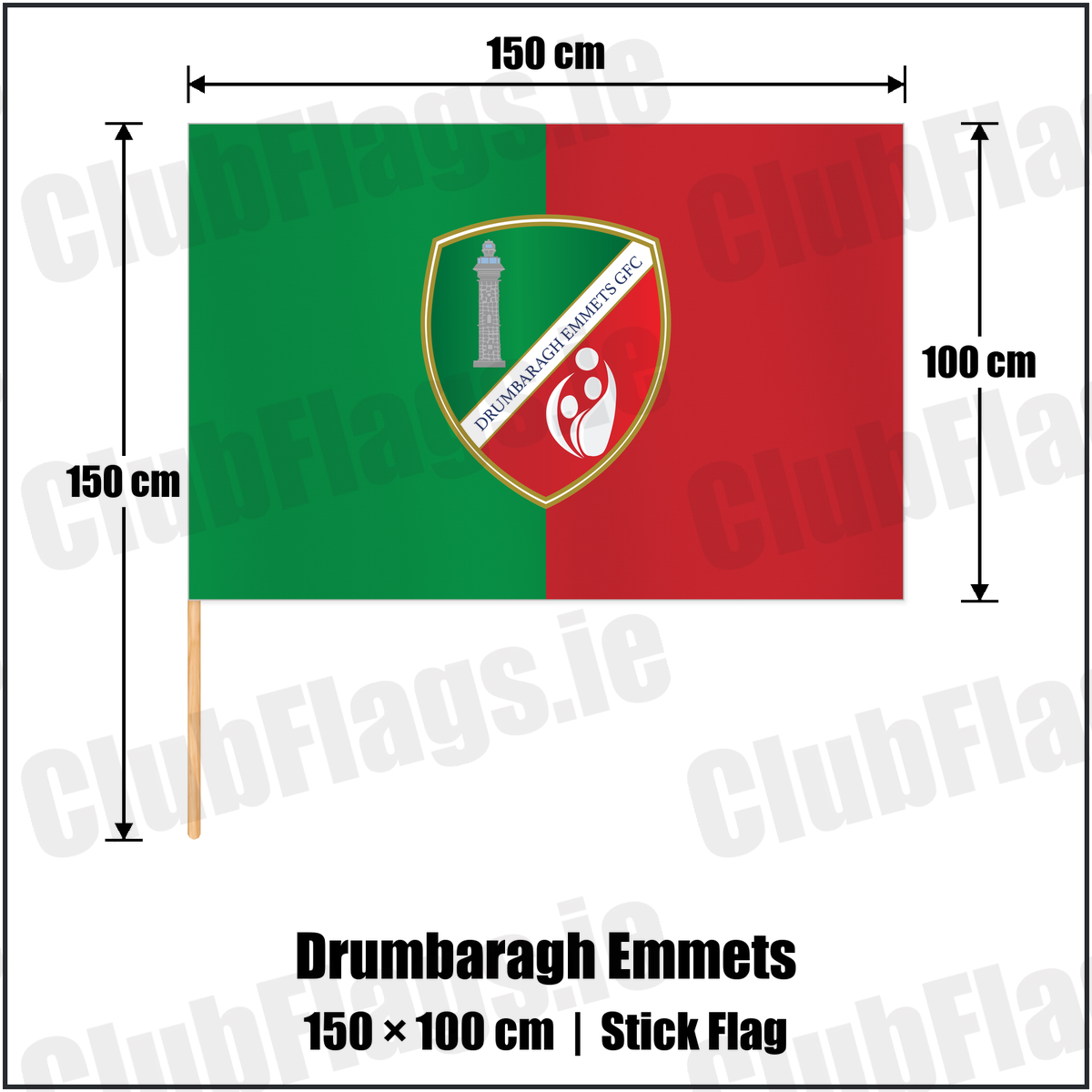 Drumbaragh Emmets 100cm x 150cm Stick Flag with the club crest and colours, Meath GAA - ClubFlags.ie