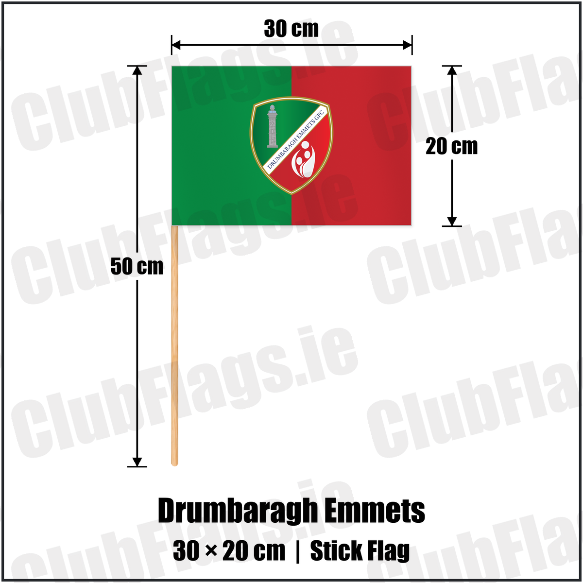 Drumbaragh Emmets 20cm x 30cm Stick Flag with the club crest and colours, Meath GAA - ClubFlags.ie