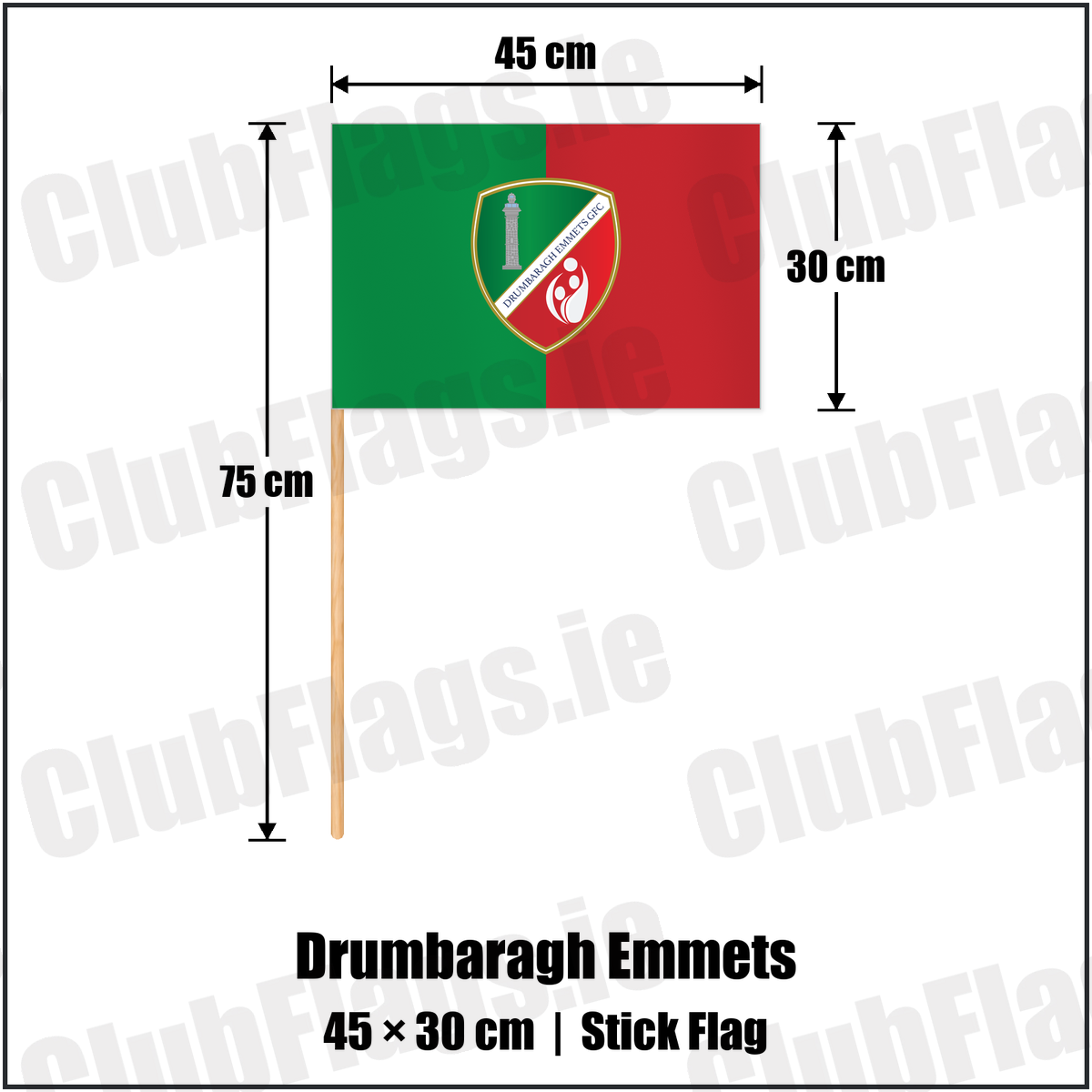 Drumbaragh Emmets 30cm x 45cm Stick Flag with the club crest and colours, Meath GAA - ClubFlags.ie