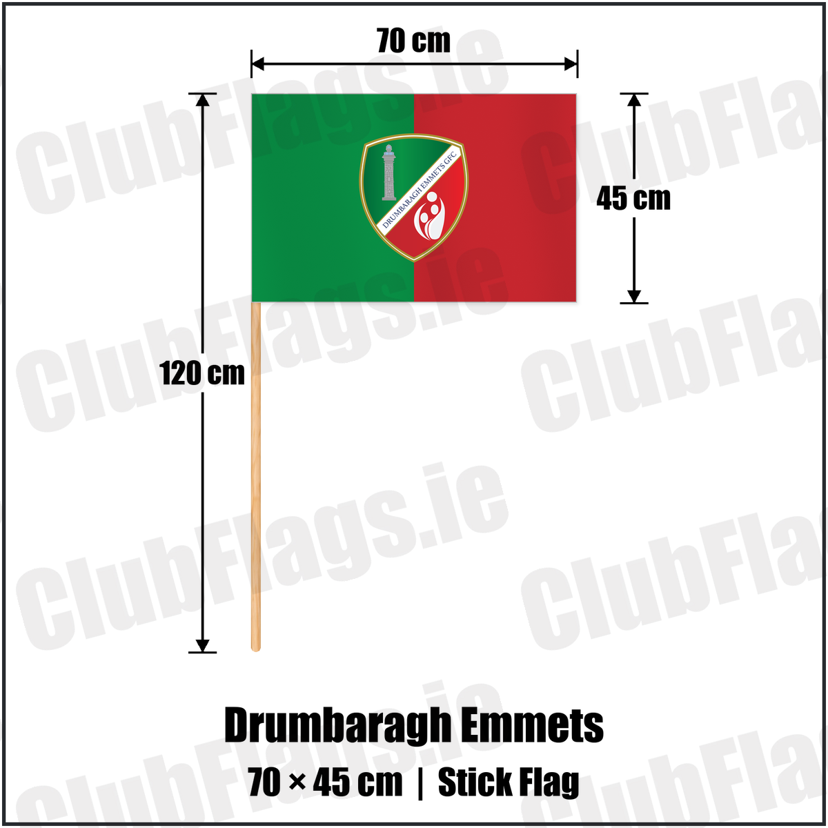 Drumbaragh Emmets 45cm x 70cm Stick Flag with the club crest and colours, Meath GAA - ClubFlags.ie