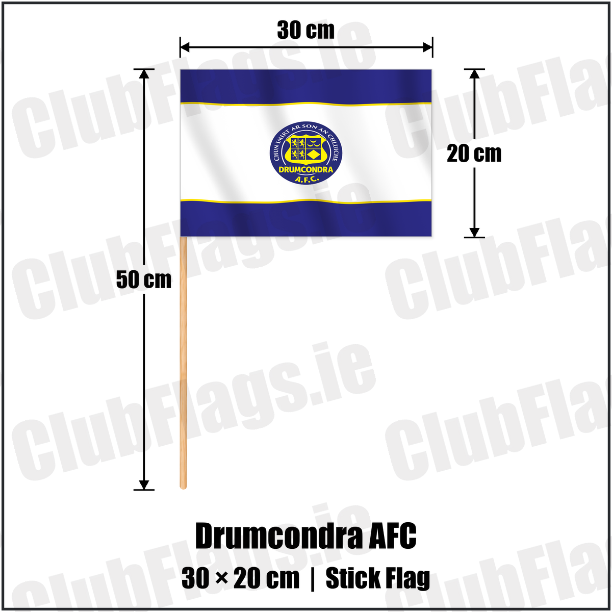 Drumcondra AFC 20cm x 30cm Stick Flag with the club crest and colours, Dublin Football - ClubFlags.ie