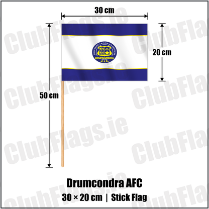 Drumcondra AFC 20cm x 30cm Stick Flag with the club crest and colours, Dublin Football - ClubFlags.ie