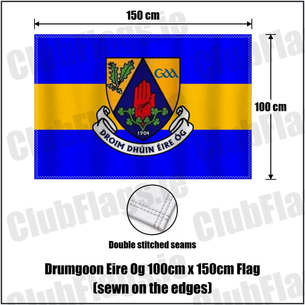 Drumgoon Eire Og 100cm x 150cm Flag (sewn on the edges) in blue and amber, featuring the club crest on realistic fabric with gentle vertical folds; County Cavan GAA. ClubFlags.ie.