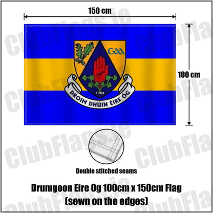 Drumgoon Eire Og 100cm x 150cm Flag (sewn on the edges) in blue and amber, featuring the club crest on realistic fabric with gentle vertical folds; County Cavan GAA. ClubFlags.ie.