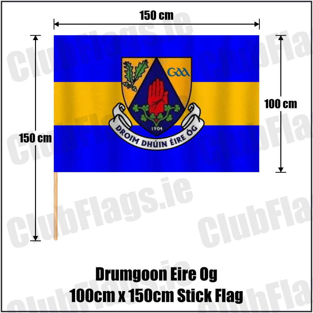 Drumgoon Eire Og 100cm x 150cm Stick Flag in blue and amber, featuring the club crest on realistic fabric with gentle vertical folds; County Cavan GAA. ClubFlags.ie.