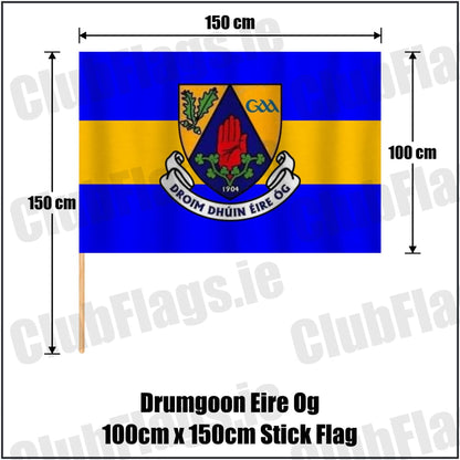 Drumgoon Eire Og 100cm x 150cm Stick Flag in blue and amber, featuring the club crest on realistic fabric with gentle vertical folds; County Cavan GAA. ClubFlags.ie.