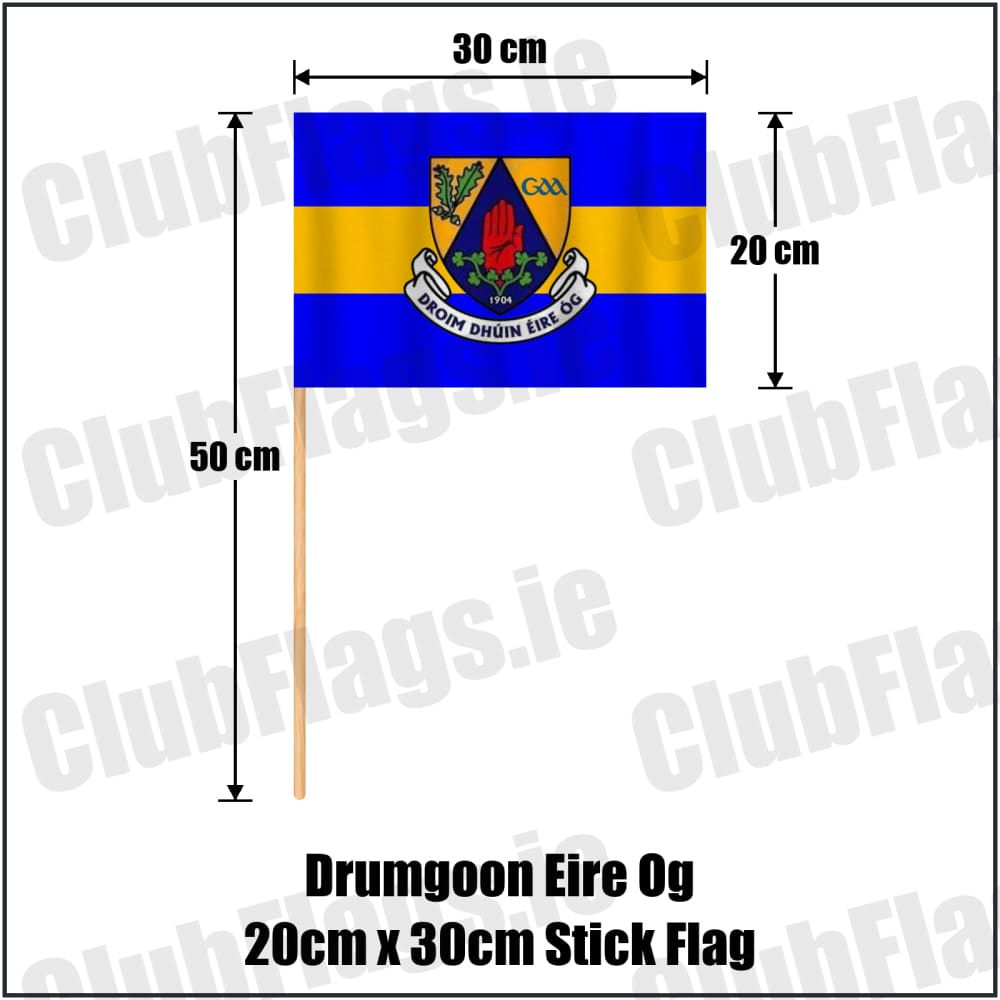 Drumgoon Eire Og 20cm x 30cm Stick Flag in blue and amber, featuring the club crest on realistic fabric with gentle vertical folds; County Cavan GAA. ClubFlags.ie.